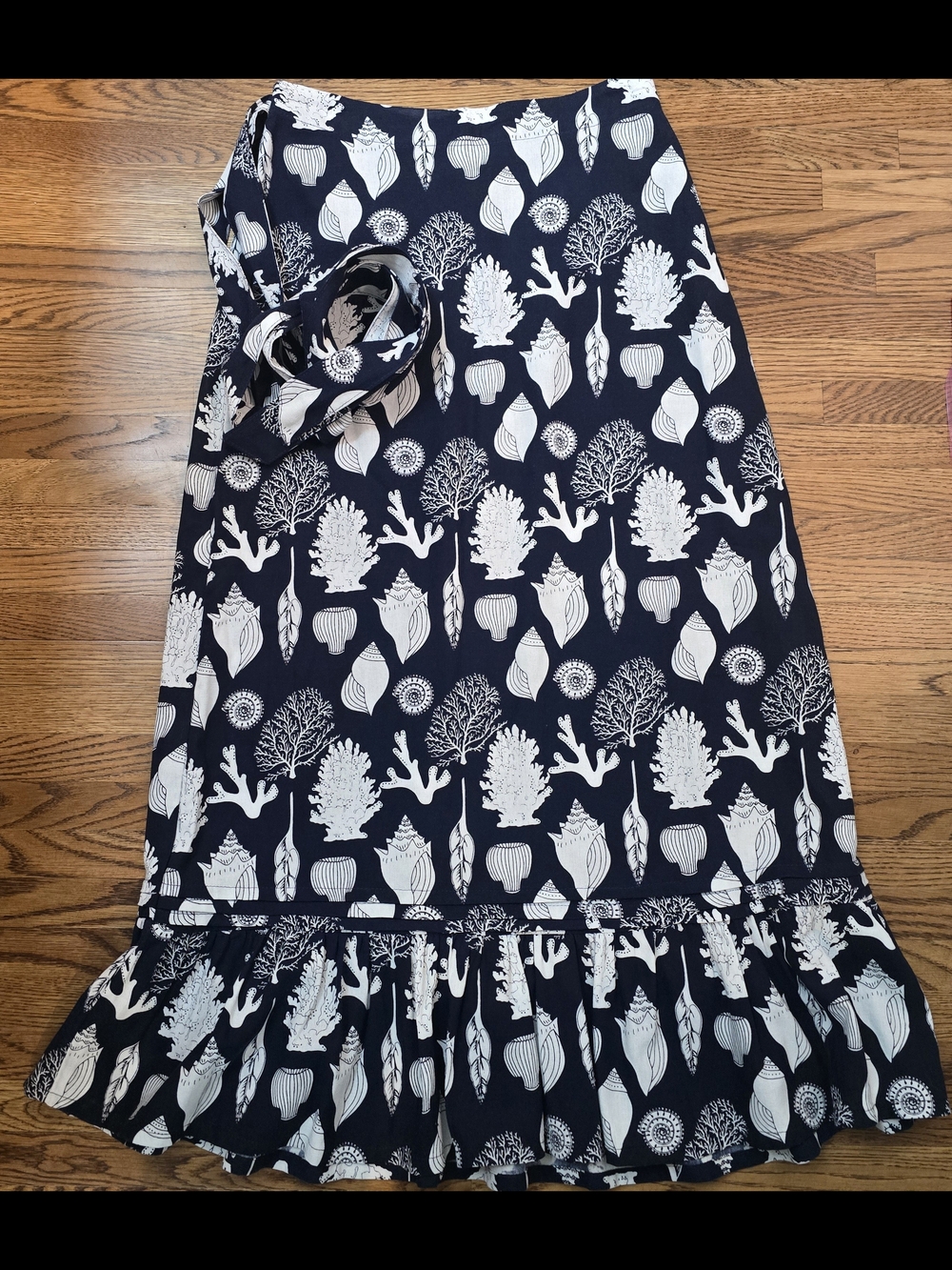 Beautifully Soft Shell Print Navy and White Maxi Skirt with Ruffle Hem